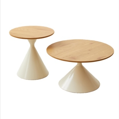 2-Piece Round Nesting Coffee Table Set with Curved Inset Edges, Brown+White