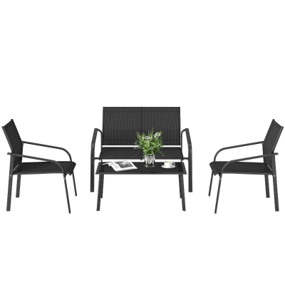Outsunny 4 Piece Patio Furniture Set, Outdoor Conversation Set with Deep Seat, Loveseats, Armchairs, Glass-Top Table, Black