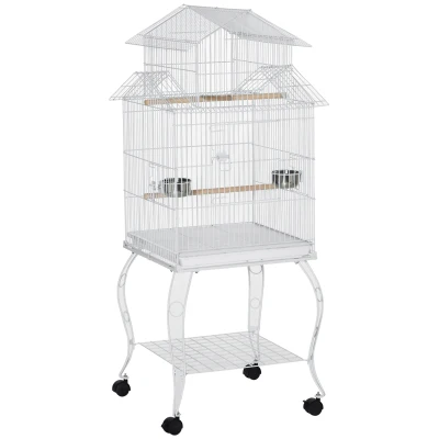 PawHut 53.9'' Large Rolling Steel Bird Cage Bird House with Detachable Rolling Stand, Storage Shelf, Wood Perch, Food Container, White