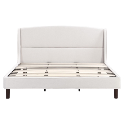 King Size Upholstered Platform Bed with Wingback Headboard, Double Bed with Solid Rubberwood Legs, 87'' L x 79.5'' W x 44.5'' H, White
