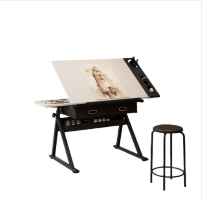 Adjustable Drafting Table Desk with Tilt Top, 2 Large Fabric Drawers, White