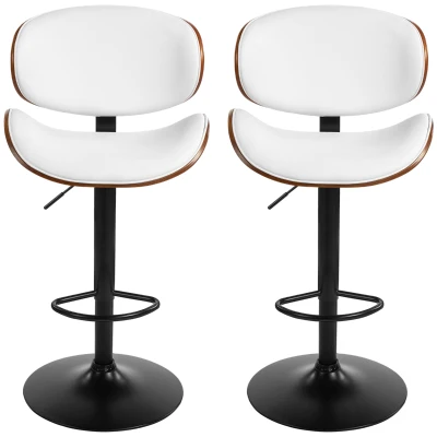 HOMCOM Bar Stools Set of 2, Modern PU Leather Adjustable Swivel Barstools with Curved Back, Footrest and Steel Base, White
