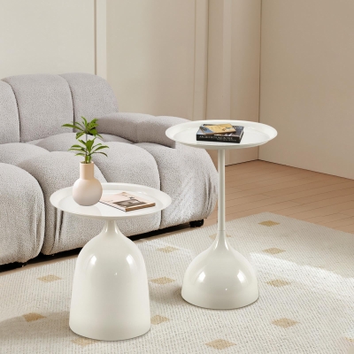 Metal Side Table with Raised Edges and Wipe-Clean Surface, White
