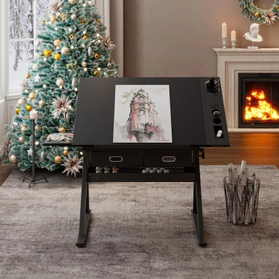 Adjustable Drafting Table Desk with Tilt Top, Black