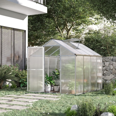 Outsunny 6' x 8' x 6.4' Polycarbonate Greenhouse, Aluminum Walk-In Green House Kit Garden, Plants Grow with Rain Gutter and Roof Vent, Silver