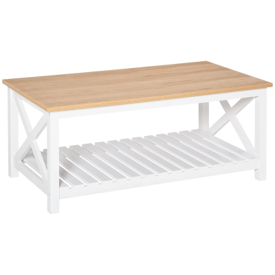 HOMCOM Farmhouse Coffee Table with Slatted Bottom Shelf, Center Table with X Bar Frame for Living Room, White, Natural