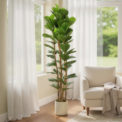 HOMCOM 6FT Artificial Fiddle Leaf Fig Tree, Fake Potted Tree with Solid Wood Trunks and Lifelike Leaves for Indoor Decor, Green