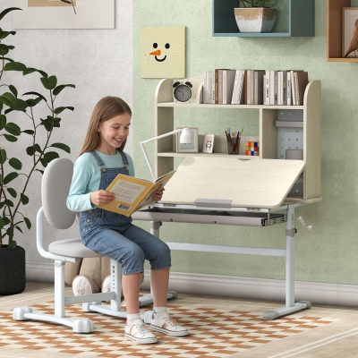 Qaba Kids Desk and Chair Set with Tilting Desktop, Adjustable Height, Drawer and Shelves for Boys Girls Ages 3-12, Grey