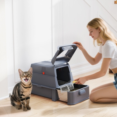 PawHut 80L XL Stainless Steel Cat Litter Box for Big Cats with Flip Cover, Pull-Out Drawer Tray, High Sided, Pedal, Dark Grey