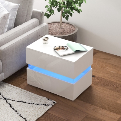 HOMCOM Modern Nightstand, Bedside Table with 2 Drawers, USB Powered RGB LED Lights for Bedroom, White