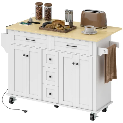 HOMCOM Kitchen Island Cart with Power Outlet & Drop Leaf, 55" Rolling Kitchen Island on Wheels with Storage, White