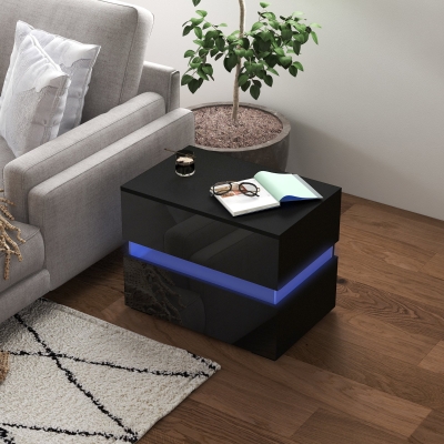 HOMCOM Modern Nightstand, Bedside Table with 2 Drawers, USB Powered RGB LED Lights for Bedroom, Black