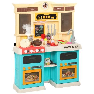 Qaba Play Kitchen Set, Kids Kitchen Playset with Real Lights and Sounds, Sink, Stove, Clock, Accessories, Green