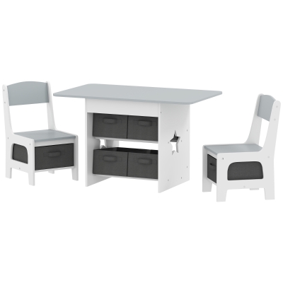 Qaba 3 Piece Kids Table and Chair Set with 6 Removable Drawers, for Classroom, Living Room, Bedroom, Nursery, Light Grey