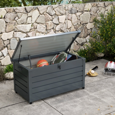 Outsunny 82 Gallon Garden Storage Box, Waterproof Outdoor Storage Container with Wheels and Handles, Dark Grey