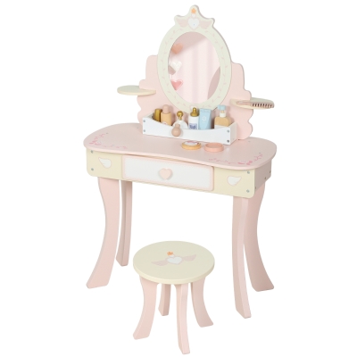 Qaba Kids Vanity Set, Girls Dressing Table with Mirror and Stool, 7 Accessories, Drawers, Desktop Storage, Pink