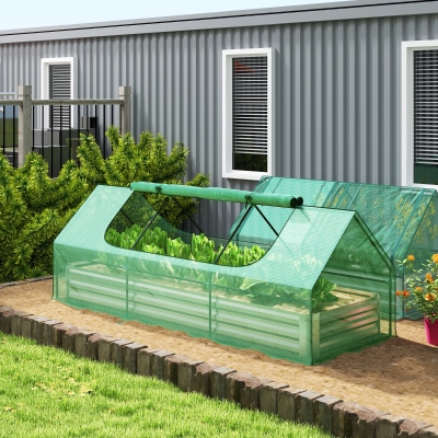 Outsunny 8.6 x 3 x 1ft Raised Garden Bed with Mini Greenhouse, Galvanized Raised Garden Bed with Cover for Herbs and Vegetables, Small Greenhouse for Patio Garden Balcony, Green