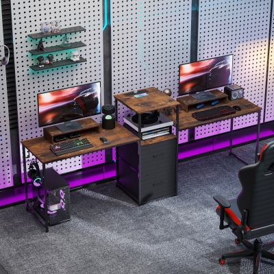 HOMCOM 96 Inch Gaming Desk, Dual Computer Desk for 2 Person with Power Outlets and Monitor Stands, Rustic Brown