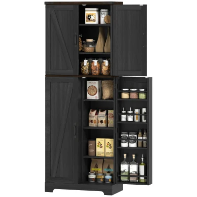 HOMCOM 64" Tall Kitchen Pantry Cabinet with Spice Racks and Adjustable Shelves, Black Wood Grain