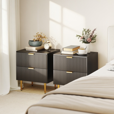 HOMCOM Bedside Table Set of 2, Modern Nightstand with 2 Drawers, Side End Table with Metal Legs for Living Room, Bedroom, Black