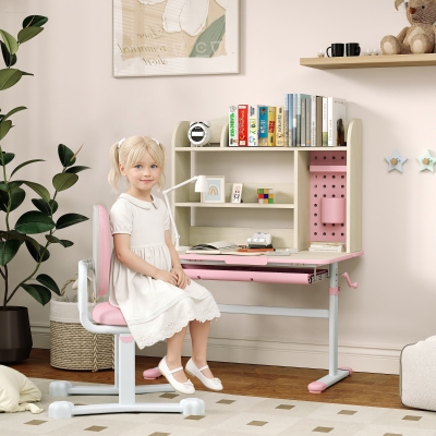 Qaba Kids Desk and Chair Set with Tilt Desktop, Adjustable Height, Drawer and Shelves for Boys Girls Ages 3-12, Pink
