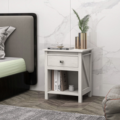 HOMCOM Bedside Table, Farmhouse Nightstand with with Drawer and Storage Shelf, Night Table for Bedroom, White