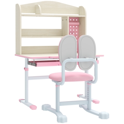 Qaba Kids Desk and Chair Set with Tilt Desktop, Adjustable Height, Drawer and Shelves for Boys Girls Ages 3-12, Pink