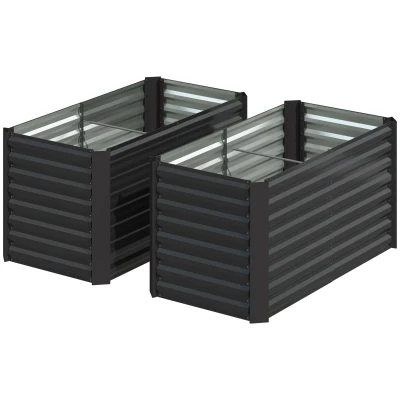 Outsunny Set of 2 Galvanized Metal Planters for Outdoor Plants, 4' x 2' x 2' Raised Garden Bed, Dark Grey