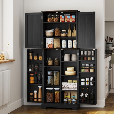 HOMCOM 64" Tall Kitchen Pantry Cabinet with Spice Racks and Adjustable Shelves, Black Wood Grain