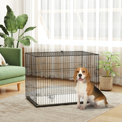 PawHut 35" Dog Crate with 2 Doors, Folding Metal Dog Cage with Soft Cushion, Removable Tray, Handle, Black