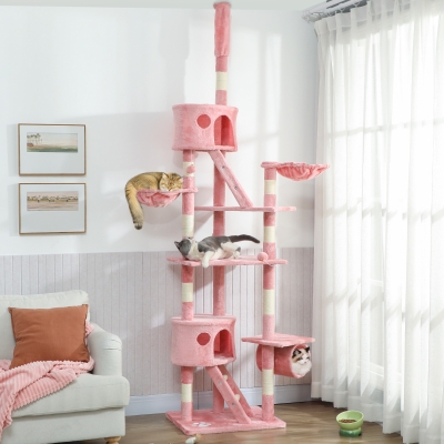 PawHut 94"-102" Floor to Ceiling Cat Tree High Cat Condo Scratching Post Activity Center Multi-Level Play House Pink