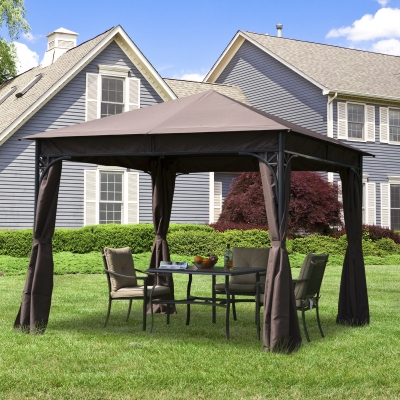 Outsunny 10x10ft Steel Garden Gazebo Patio Canopy Outdoor Event Party Tent Backyard Sun Shelter with Curtain Coffee