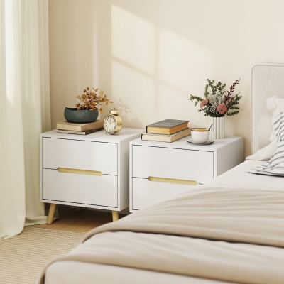 HOMCOM Nightstands Set of 2, Bedside Table with 2 Drawers, Modern Side End Table with Solid  Wood Legs for Bedroom, White