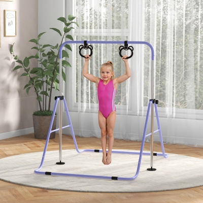 Qaba Kids Gymnastics Bar, Adjustable Height Folding Horizontal Bar with Gymnastics Rings, Non-slip Rubber Floor Rings, Purple