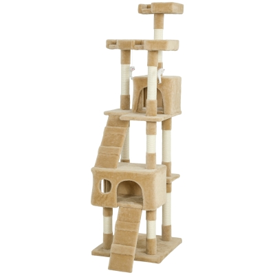 PawHut 68-inch Multi-Level Cat Scratching Tree Kitty Activity Center Post Tower Condo Pet Furniture w/ Toy Light Brown
