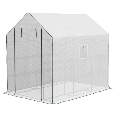 Outsunny Walk-in Greenhouse with 3 Tier, Garden Plant Growhouse with Roll-up Door and Mesh Windows, 140 x 213 x 190 cm, White