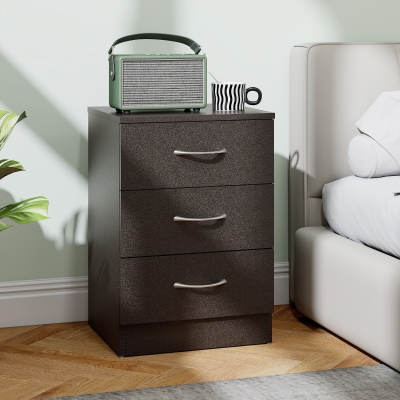 HOMCOM Bedside Table, Modern Night Stand with 3 Drawers and Metal Rail for Bedroom, Dark Brown