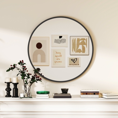 HOMCOM 30" Round Mirror, Bathroom Wall Mirror with Metal Frame, Decorative Vanity Mirror for Living Room, Bedroom, Black