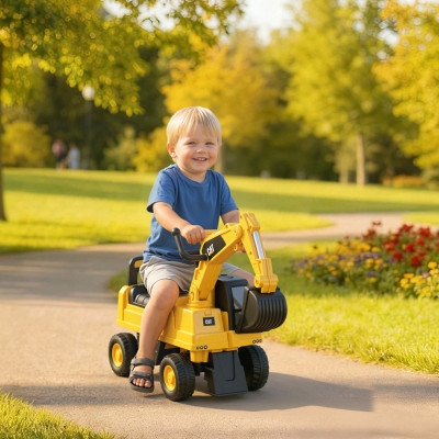 Aosom Kids Excavator Ride on Toy CAT Licensed with Manual Shovel, Horn, Hidden Storage for 18-36 Months, Yellow