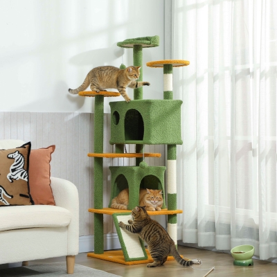 PawHut 63" Cat Tree, Multi-Level Cat Tower with Scratching Posts, Cat Condos, Bed, Platforms, Ramp, Toy Ball, Green
