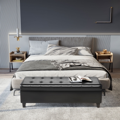 HOMCOM Storage Ottoman Bench, Foot Rest with Solid Wood Legs, 51 Inches PU Leather Storage Chest for Living Room, Black