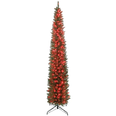 HOMCOM 9ft Christmas Tree with Colourful DIY Synchronized LEDs, Hinged Pencil Xmas Tree with Remote, Daily Timer, Green