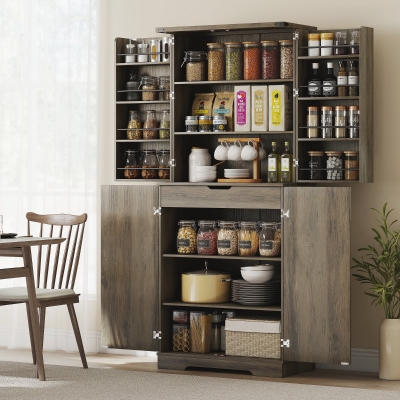 HOMCOM 72" Kitchen Pantry Cabinet, Farmhouse Storage Cabinet with 4 Doors, Drawer, 8 Door Shelves and Adjustable Shelf, Grey