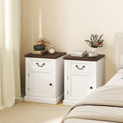 HOMCOM Side Table Set of 2, End Tables with Drawer and Cabinet, Nightstands for Small Spaces, Living Room, White