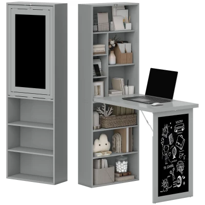 HOMCOM Fold-out Convertible Office Desk, Wall Mount Computer Desk with Blackboard and Side Shelf, Charcoal Grey
