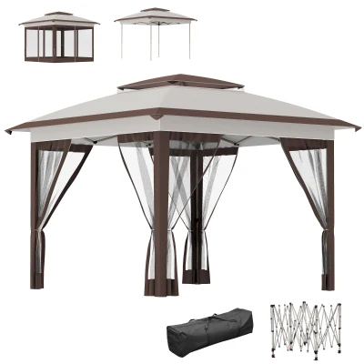 Outsunny 12' x 12' Pop Up Canopy Sun Shade Instant Tent Folding with Mesh Sidewalls, 3-Level Adjustable Height and Storage Bag, Beige