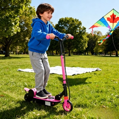 Soozier Foldable Electric Scooter for Kids Ages 6-14, with Seat and 2 Adjustable Heights, Max 6km Range & 12km/h, Pink