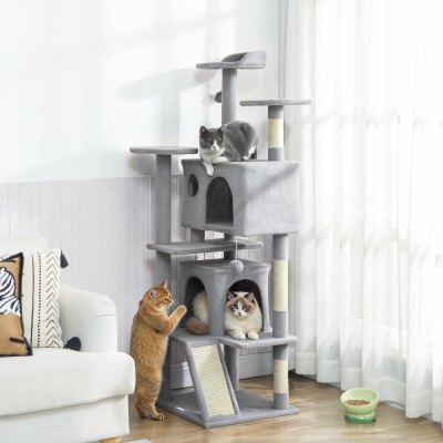 PawHut 54" Cat Tree, Multi-Level Cat Tower with Scratching Posts, Cat Condos, Bed, Platforms, Ramp, Toy Ball, Light Grey