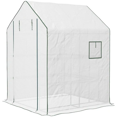 Outsunny Portable Greenhouse, Walk-In Small Outdoor Green House with 2 Tier U-Shaped Flower Rack Shelves, 4.6' x 4.7', White