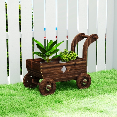 Outsunny Wagon Flower Planter Cart with Wheels, Garden Wagon with Handle for Outdoor Patio Yard, Carbonized